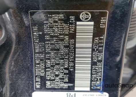 2014 Toyota Camry L from USA, damaged, VIN 4T1BF1FK3EU349106